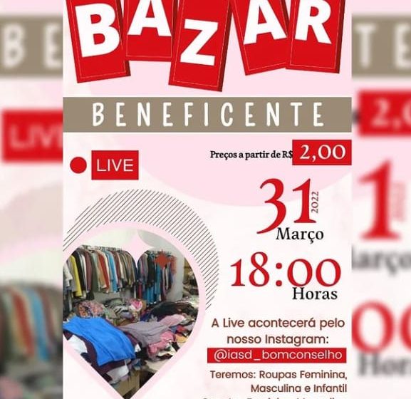  Live Bazar Beneficente será realizada pela Igreja Adventista de Bom Conselho.